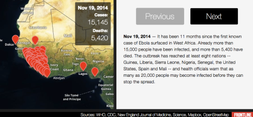 "Ebola Outbreak: How the Virus Spread" see full map at http://www.pbs.org/wgbh/pages/frontline/health-science-technology/ebola-outbreak/map-how-the-ebola-outbreak-spread-through-africa/